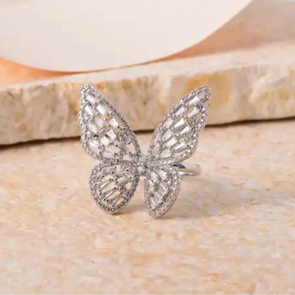 Simulated Diamond Butterfly Ring in Silvertone (Size 6.0) - Picture 6 of 8